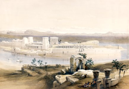 General view of the Island of Philae Nubia illustration by David Roberts (1796–1864).. Free illustration for personal and commercial use.