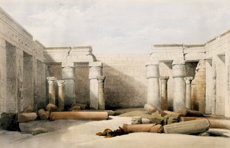 Medinet Habu (Medinet Abou) is an archaeological locality situated near the foot of the Thebes illustration by David Roberts (1796–1864).. Free illustration for personal and commercial use.
