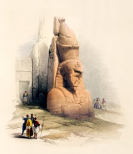 Entrance of the temple at Luxor showing one of two colossal stature of Rameses II illustration by David Roberts (1796–1864).