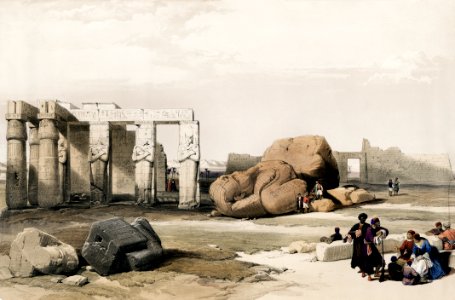 Fragment of the Great Colossi at the Memnonium Thebes illustration by David Roberts (1796–1864).. Free illustration for personal and commercial use.