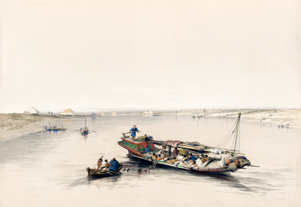 View on the Nile looking towards the pyramids of Dashour and Saccara illustration by David Roberts (1796–1864).