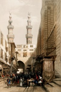 Minarets and grand entrance of the Metwaleys at Cairo illustration by David Roberts (1796–1864).. Free illustration for personal and commercial use.