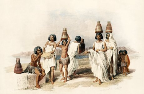 Nubian women at Kortie on the Nile illustration by David Roberts (1796–1864).. Free illustration for personal and commercial use.