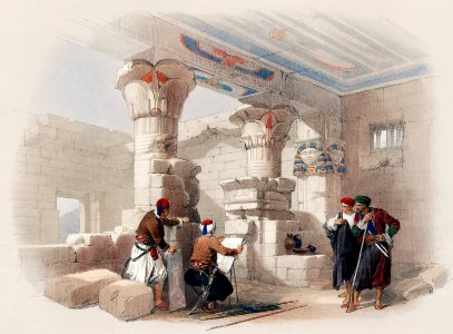 Deir el Medina (Dayr al Madinah) is an ancient Egyptian village which was home to the artisans who worked on the tombs in the Valley of the Kings illustration by David Roberts (1796–1864).. Free illustration for personal and commercial use.