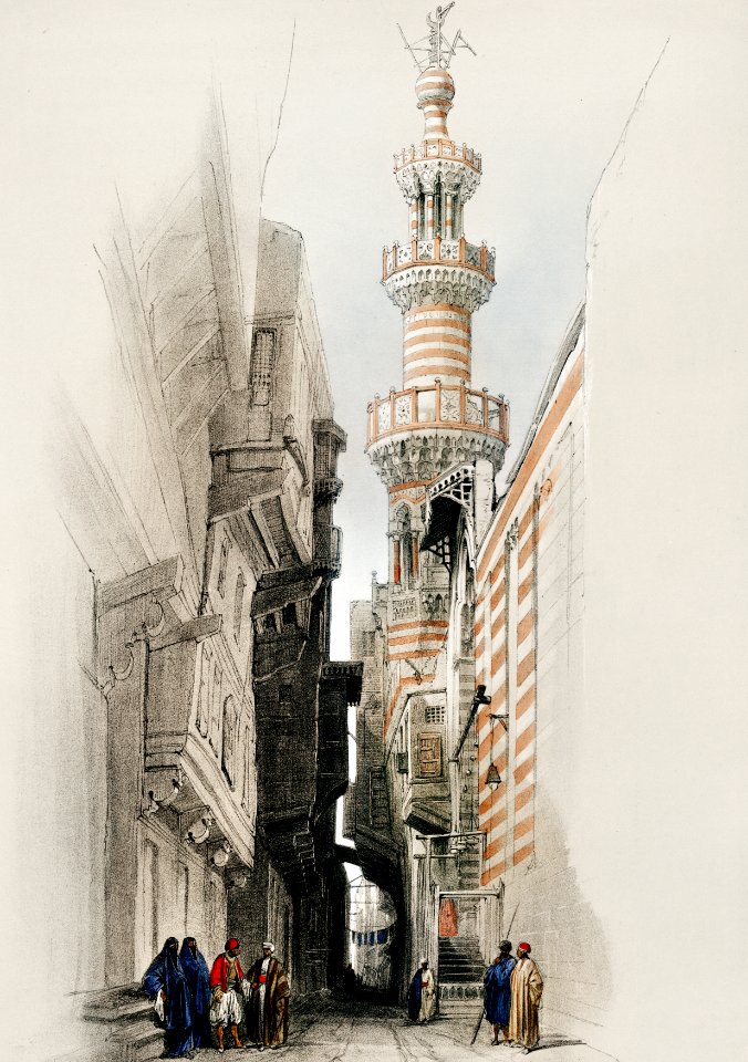 The minaret of the Mosque The Rhamree illustration by David Roberts (1796–1864).. Free illustration for personal and commercial use.
