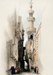 The minaret of the Mosque The Rhamree illustration by David Roberts (1796–1864).. Free illustration for personal and commercial use.