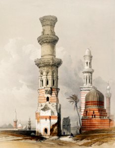 Ruined mosques in the desert west of the Citadel illustration by David Roberts (1796–1864).. Free illustration for personal and commercial use.