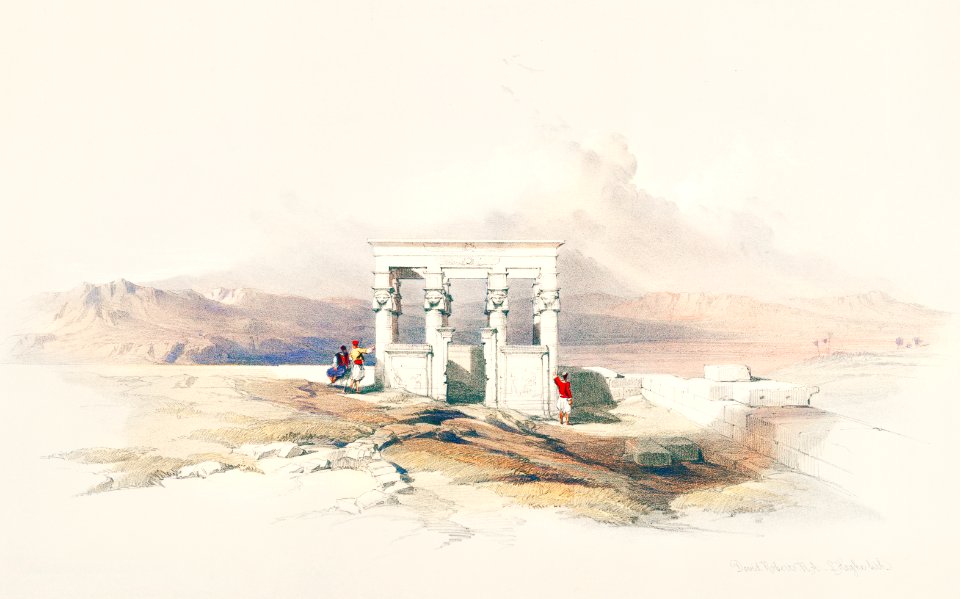 Temple of Isis on the roof of the great temple of Dendera (Dandara) illustration by David Roberts (1796–1864).. Free illustration for personal and commercial use.