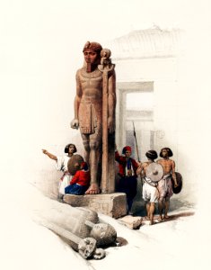 Colossus in front of Temple of Wady Saboua Nubia illustration by David Roberts (1796–1864).. Free illustration for personal and commercial use.