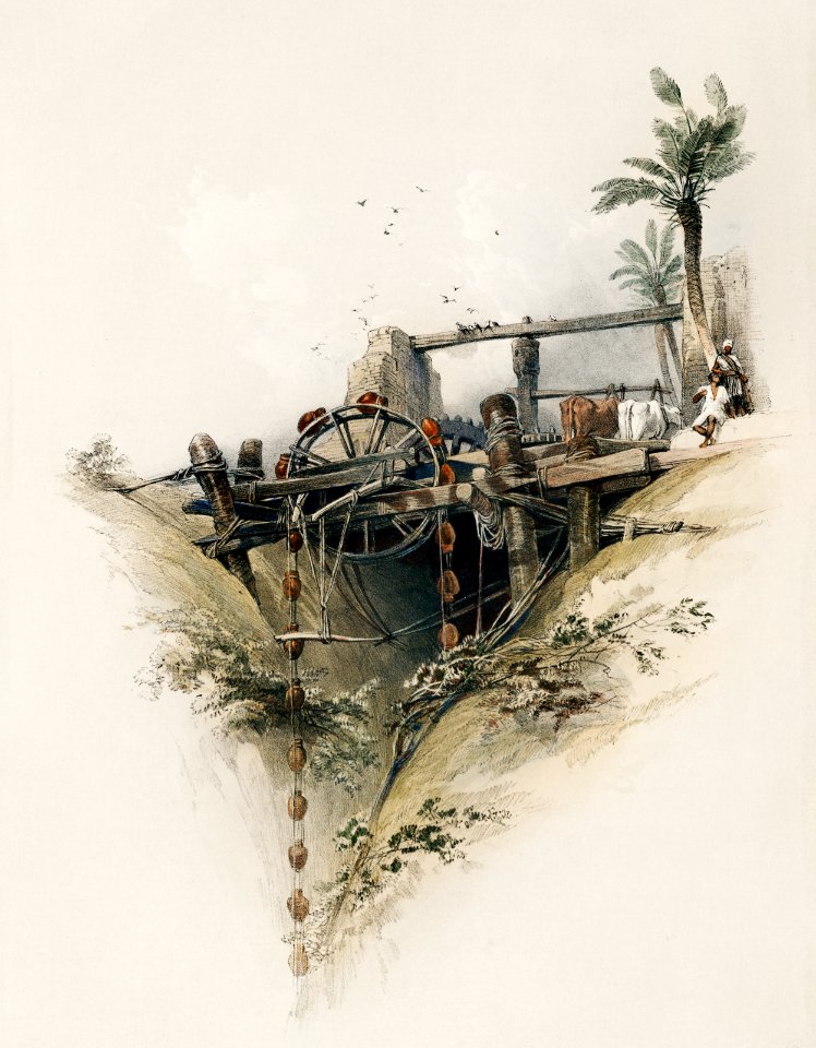 A Persian wheel used in raising water from the Nile illustration by David Roberts (1796–1864).