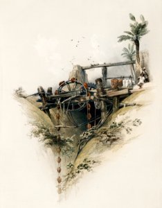 A Persian wheel used in raising water from the Nile illustration by David Roberts (1796–1864).. Free illustration for personal and commercial use.