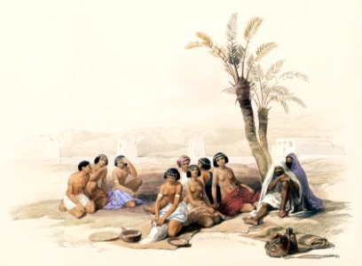 Abyssinian slaves resting at Korti Nubia illustration by David Roberts (1796–1864).. Free illustration for personal and commercial use.
