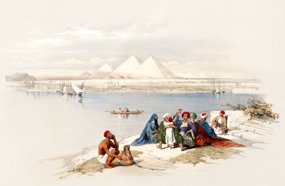 Pyramids of Gezeeh (Giza) from the Nile illustration by David Roberts (1796–1864).. Free illustration for personal and commercial use.