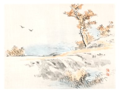 Landscape by Kōno Bairei (1844-1895). Digitally enhanced from our own original 1913 edition of Barei Gakan.. Free illustration for personal and commercial use.
