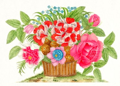 The 18th century illustration of a basket of blooming flowers.. Free illustration for personal and commercial use.