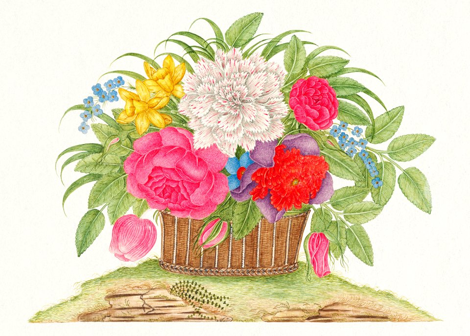 The 18th century illustration of a basket of blooming flowers.