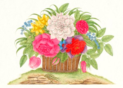 The 18th century illustration of a basket of blooming flowers.. Free illustration for personal and commercial use.