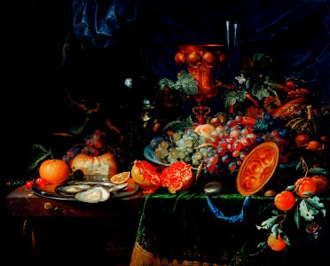 Fruits and oysters by Abraham Mignon (1660-1679).. Free illustration for personal and commercial use.