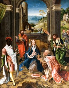 The Adoration of the Magi (ca. 1520) by Netherlandish (Antwerp Mannerist) Painter.. Free illustration for personal and commercial use.