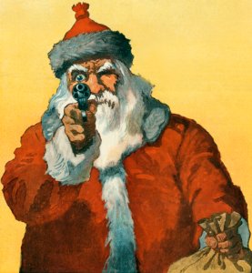 "Hands up!" Photomechanical Print Showing a Santa Claus Pointing a Handgun (1912) by Will Crawford.. Free illustration for personal and commercial use.