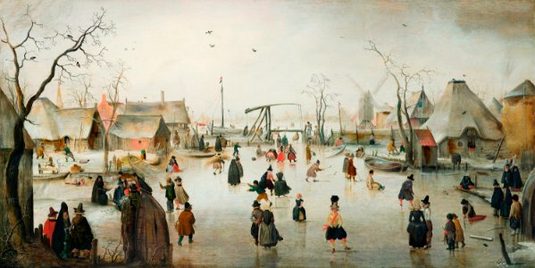 Ice-skating in a Village (1610) by Hendrick Avercamp.. Free illustration for personal and commercial use.