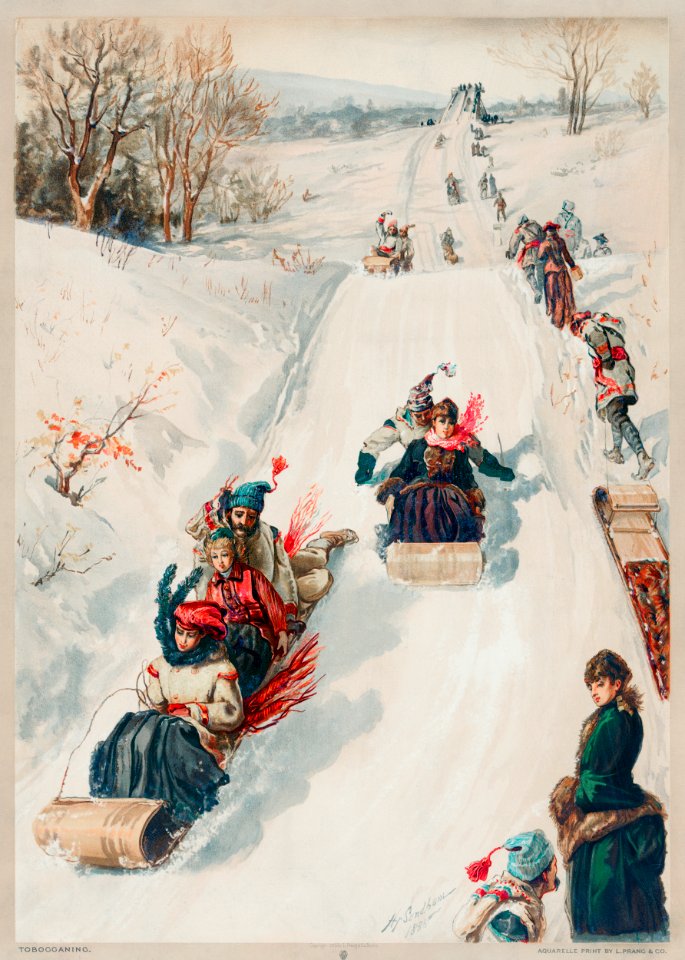 "Tobogganing" chromolithograph (1886) by L. Prang & Co.