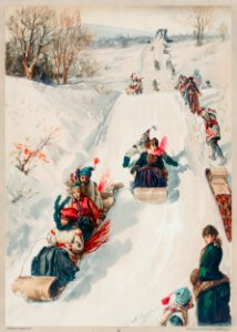 "Tobogganing" chromolithograph (1886) by L. Prang & Co.. Free illustration for personal and commercial use.