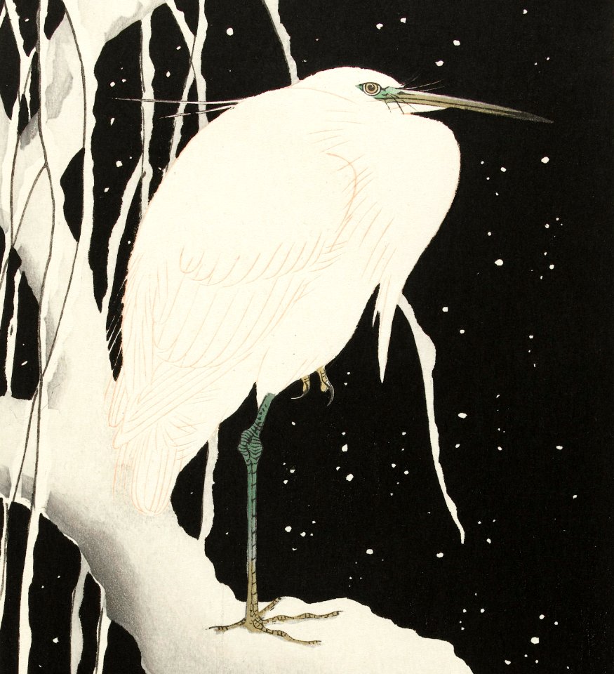 Heron in snow (ca. 1925–1936) by Ohara Koson.
