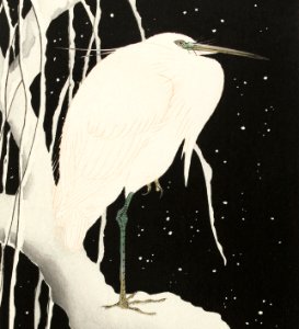 Heron in snow (ca. 1925–1936) by Ohara Koson.. Free illustration for personal and commercial use.