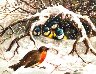 Vintage Christmas Postcard Depicting Birds in Snow (ca. 1800–1900).