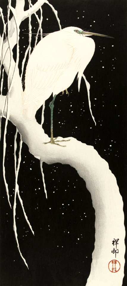 Heron in snow (ca. 1925–1936) by Ohara Koson.