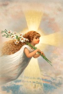 An angel in the sky holding lilies on her shoulders from The Miriam and Ira D. Wallach Division Of Art, Prints and Photographs: Picture Collection published by L. Prang & Co.. Free illustration for personal and commercial use.