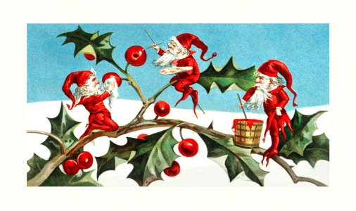 Santa elves painting berries on holly leaves from The Miriam and Ira D. Wallach Division Of Art, Prints and Photographs: Picture Collection published by L. Prang & Co.. Free illustration for personal and commercial use.