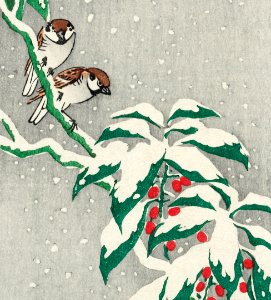 Sparrows on snowy berry bush (ca. 1900–1945) by Ohara Koson.. Free illustration for personal and commercial use.