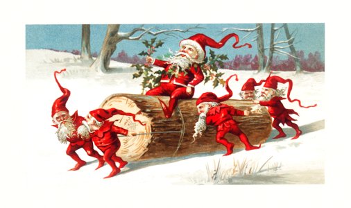 Santa elves sliding on a log from The Miriam and Ira D. Wallach Division Of Art, Prints and Photographs: Picture Collection published by L. Prang & Co.. Free illustration for personal and commercial use.