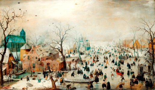 Winter Landscape with Ice Skaters (1608) by Hendrick Avercamp.