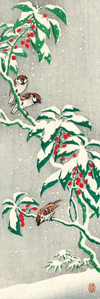 Sparrows on snowy berry bush (ca. 1900–1945) by Ohara Koson.