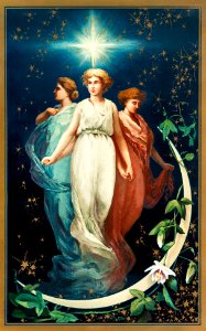 Christmas cards depicting angels, stars, women, the moon and decorative designs from The Miriam And Ira D. Wallach Division Of Art, Prints and Photographs: Picture Collection published by L. Prang & Co.. Free illustration for personal and commercial use.