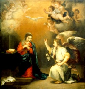 Annunciation to the Virgin (ca. 1660–1680) by Bartolomé Esteban Murillo.. Free illustration for personal and commercial use.
