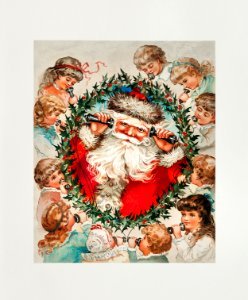 Santa Claus on string phones listening to the children from The Miriam And Ira D. Wallach Division Of Art, Prints and Photographs: Picture Collection published by L. Prang & Co.. Free illustration for personal and commercial use.