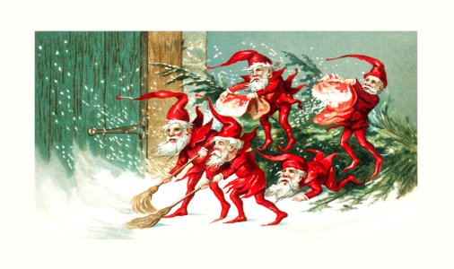 Santa elves sweeping snow from The Miriam and Ira D. Wallach Division Of Art, Prints and Photographs: Picture Collection published by L. Prang & Co.. Free illustration for personal and commercial use.