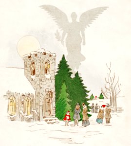 Illustration of a White Christmas with an Angel (1919) by Frank Buttolph.. Free illustration for personal and commercial use.