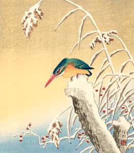 Kingfisher in the snow (ca. 1925–1936) by Ohara Koson.. Free illustration for personal and commercial use.