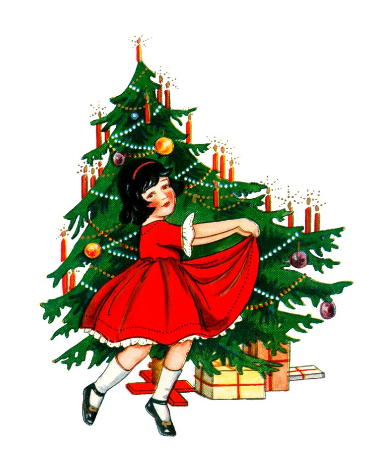 Little girl dancing next to a Christmas tree with gift boxes underneath.