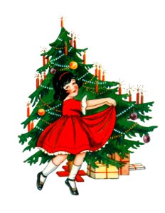 Little girl dancing next to a Christmas tree with gift boxes underneath.. Free illustration for personal and commercial use.