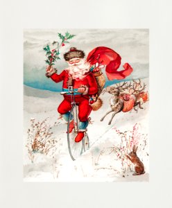 Santa Claus on a penny farthing with reindeer trailing and a rabbit from The Miriam And Ira D. Wallach Division Of Art, Prints and Photographs: Picture Collection published by L. Prang & Co.