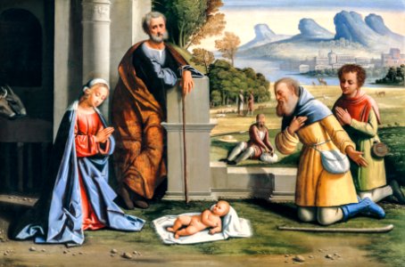 The Adoration of the Shepherds by L'Ortolano (Giovanni Battista Benvenuti) (1512–died after 1527).. Free illustration for personal and commercial use.