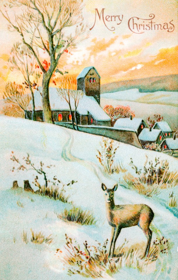 Christmas Card Depicting Winter Landscape and Deer (1910) by E. A. Schwerdtfeger & Co.. Free illustration for personal and commercial use.