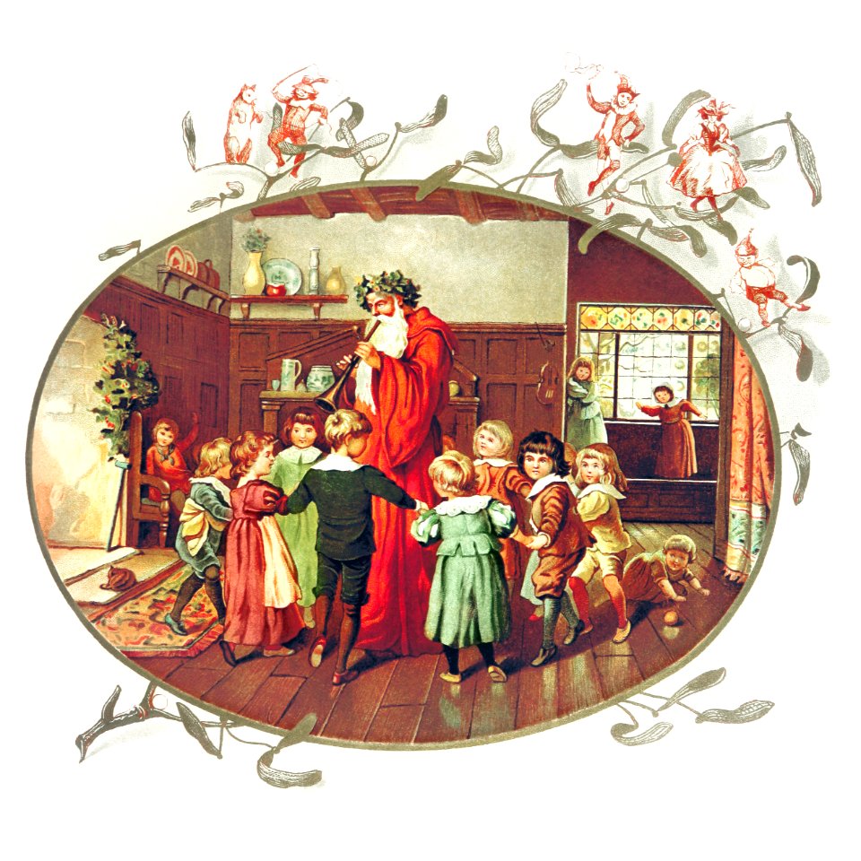 Santa Claus with children illustration from The Coming of Father Christmas (1894) by Eliza F. Manning.. Free illustration for personal and commercial use.