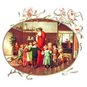 Santa Claus with children illustration from The Coming of Father Christmas (1894) by Eliza F. Manning.. Free illustration for personal and commercial use.